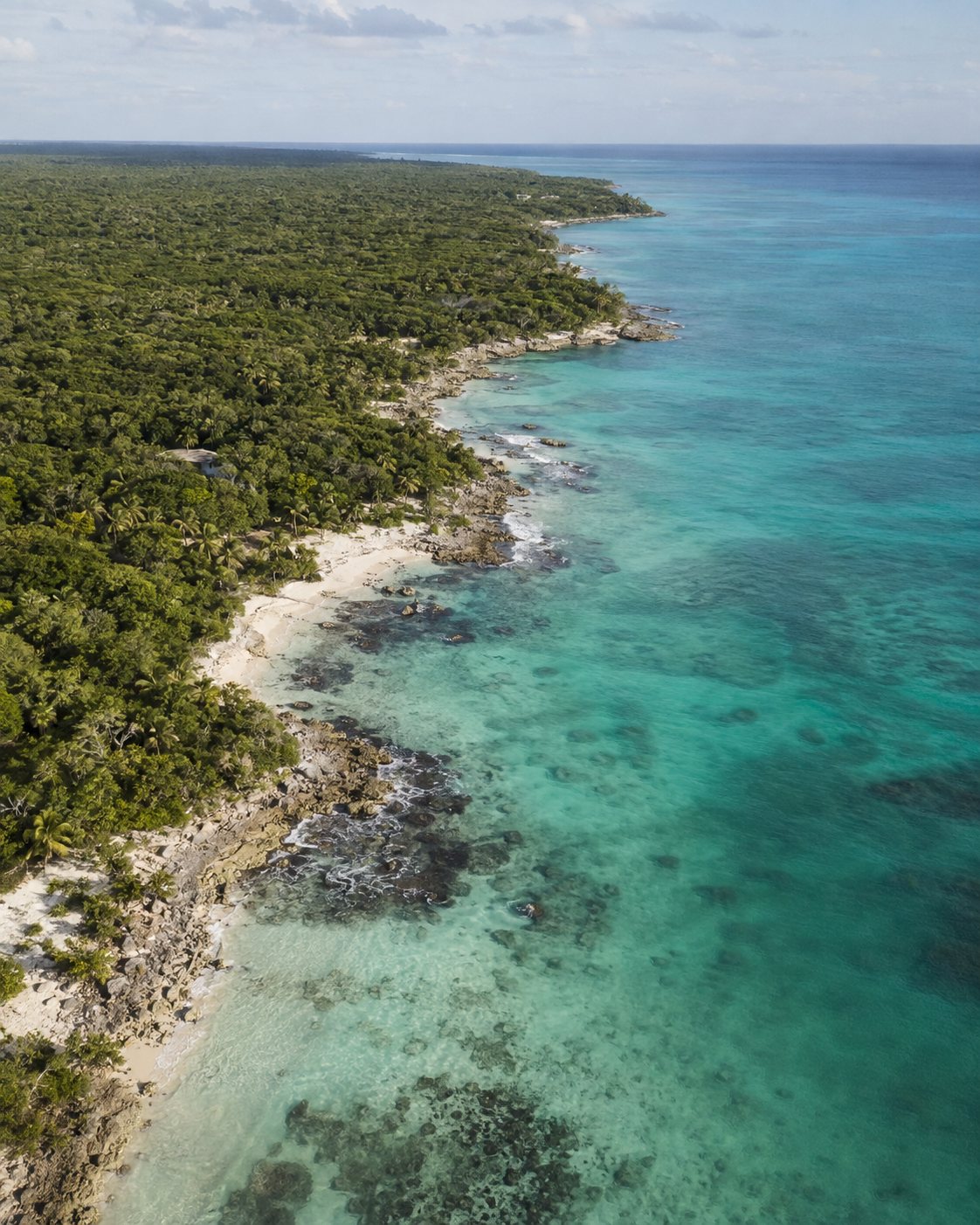 Aerial view of the Caribbean coastline at Punta Paraíso